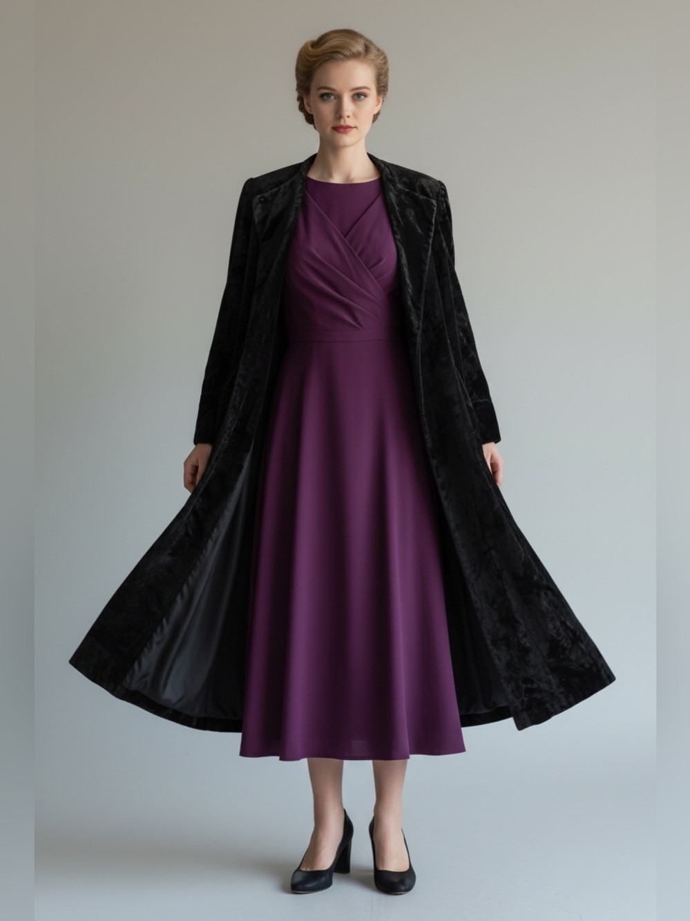 1950s Black Rayon Velvet Opera Swing Evening Coat / M